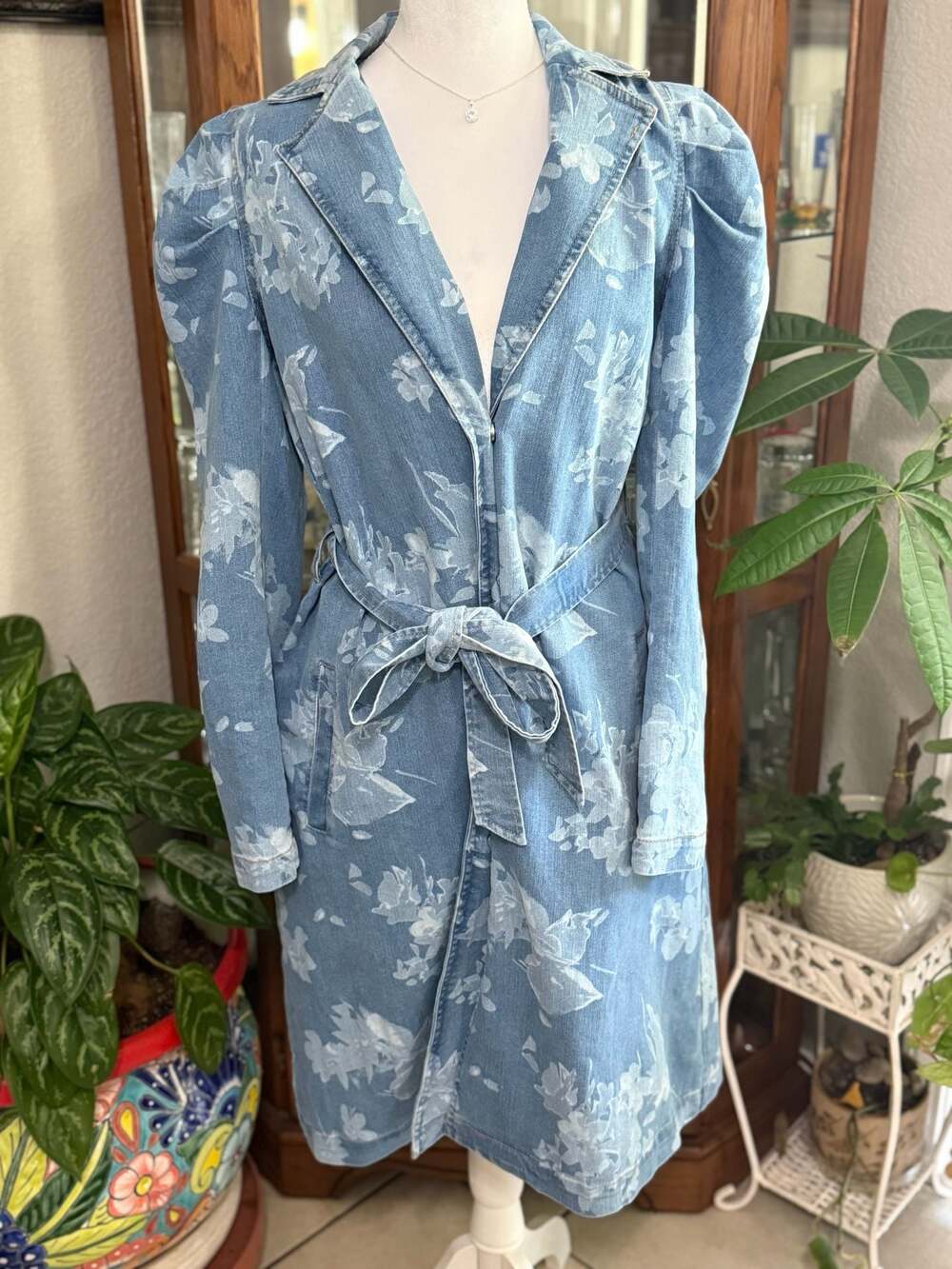 C. Wonder by Christian Siriano Runway Floral Print Denim Belted Trench Coat